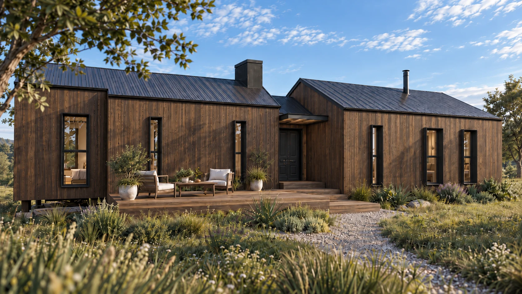 Cabaña minimalista de madera al atardecer